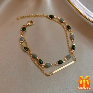 1pc Vintage Elegant Double-layer Green-gray Stone Inlaid Geometric Rectangular Bracelet, Paired with a Copper Bead Chain, Suitable for Women's Daily Gifting and Banquet Wear, a Creative Gift