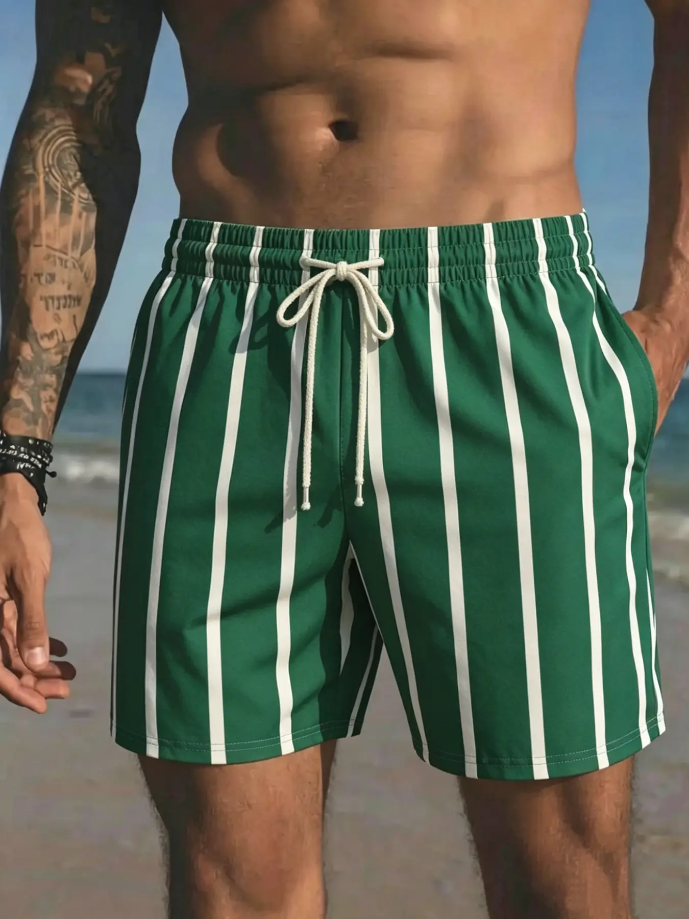 Men's Vintage Striped Quick-Dry Swim Trunks - 5-Inch Inseam Above-Knee Beach Shorts with Pockets, Elastic Waist, Above The Knee
