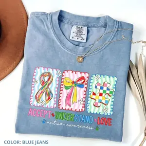 Comfort Colors Autism Accept, Understand, Love T-shirt, Autism Mama Graphic Tee, Autism Puzzle and Bow Design, Autism Awareness Shirt, Gift for Autism Mom - TrendWear USA
