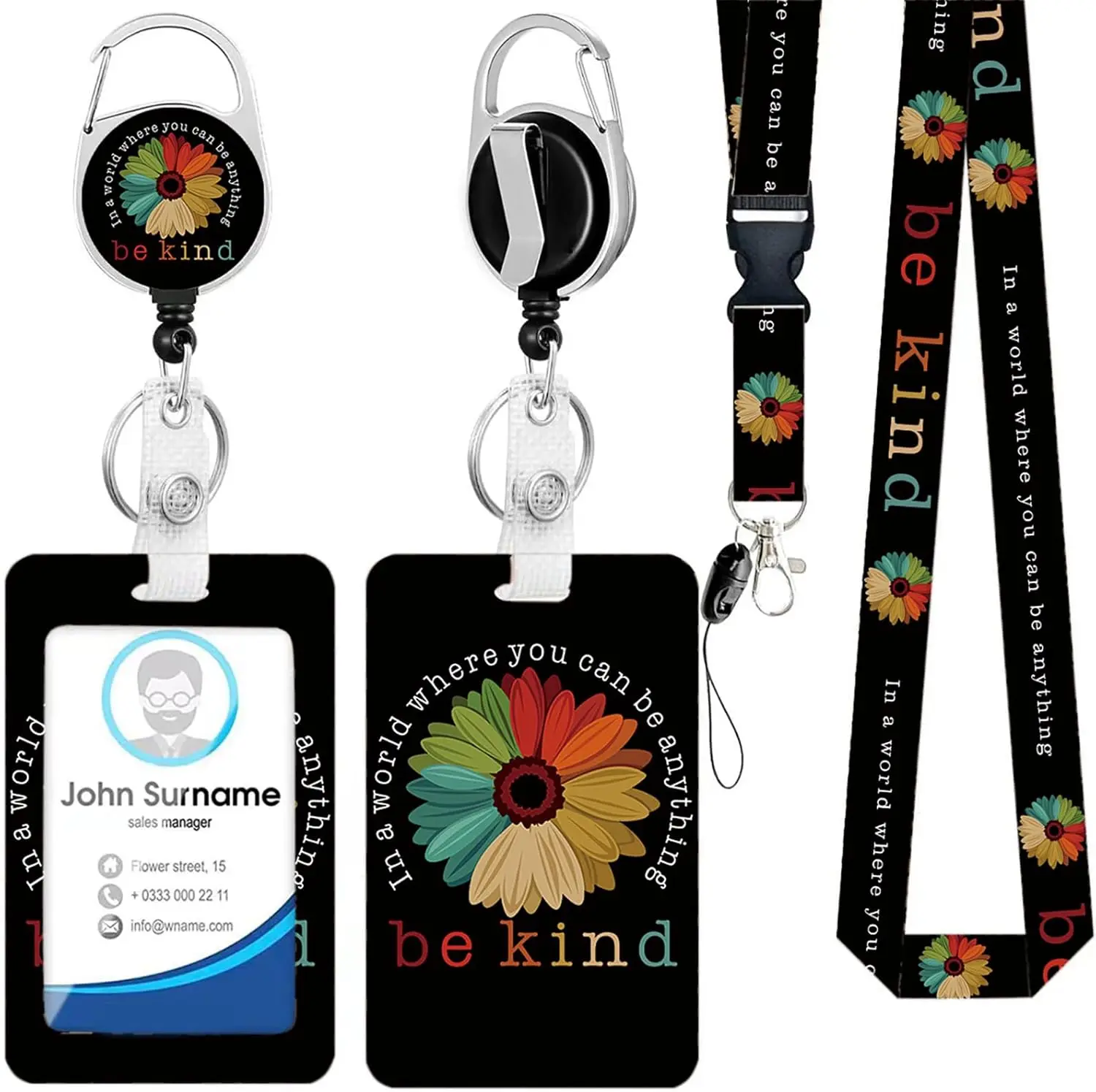 Id Badge Holder with Lanyard, Positive Badge Holder with Reel Retractable Detachable Name Card Tag Vertical ID Protector Badge Reel for Nurse Doctor Office Employees Women (Be Kind)