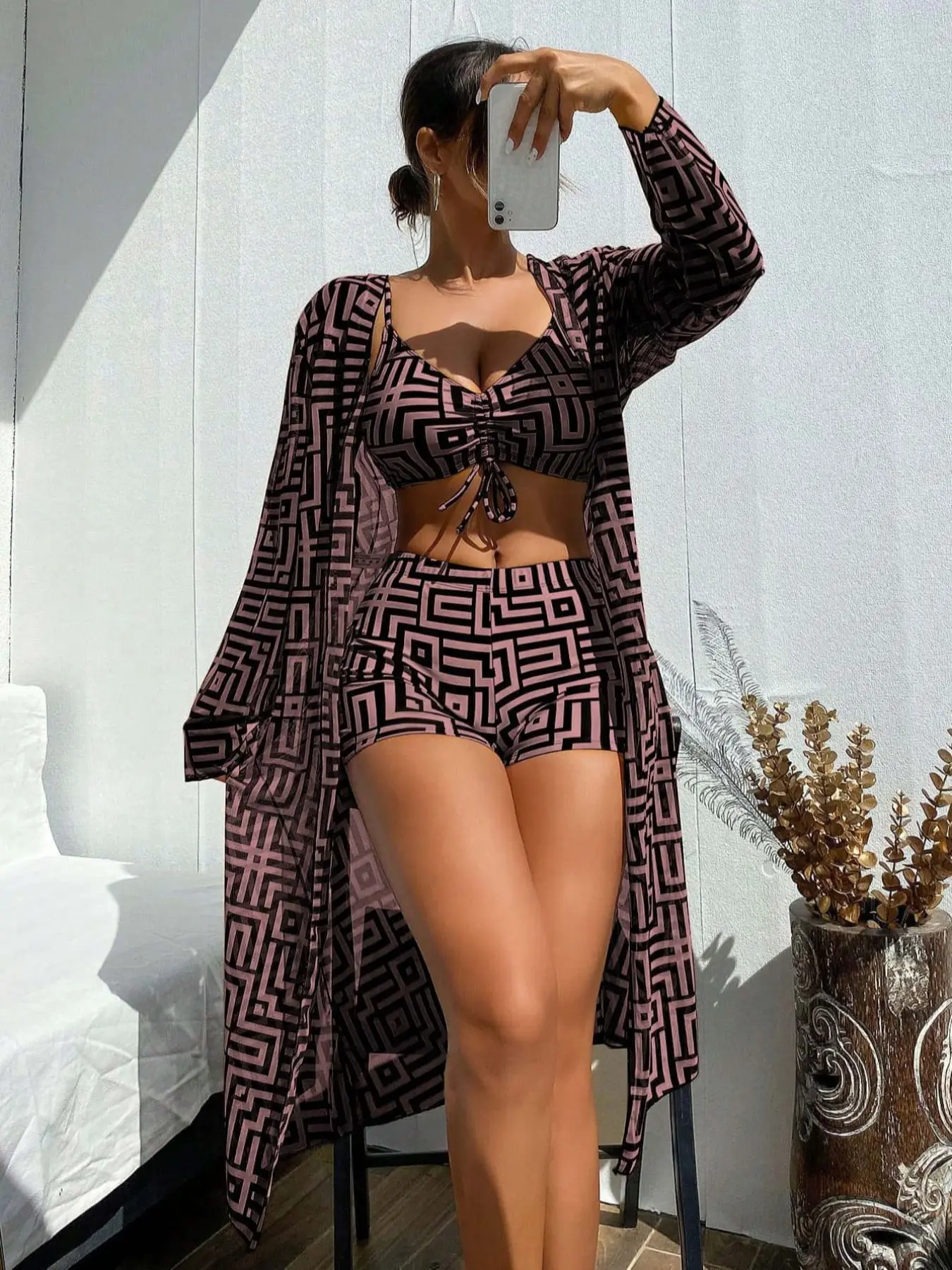 Three-Piece Set Women's Geometric Print Drawstring Swimsuit Set, Bikini Sets, Ruched Swimsuit Set, Ladies Swimwear for All Seasons, Bikini Beach Wear