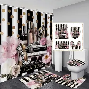 Striped Leopard Print High Heel Decorative Shower Curtain with 12 Hooks, Modern Bathroom Decor, Gift for Friends and Family