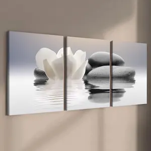 Lotus & Stone Pattern Canvas Painting, Modern Floral Paintings, 3 Counts Wooden Framed Canvas Wall Art, Modern Art Wall Decor for Home Living Room Bedroom Office, Ornaments