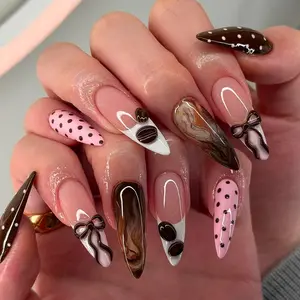 24pcs long pointed press on acrylic nail brown and coffee color, artistic ink painting effect, 3D bow, pink and white polka dot French edge nails art, French tip nails, Nail Art Design, suitable for dates, parties, going out. Fake nails