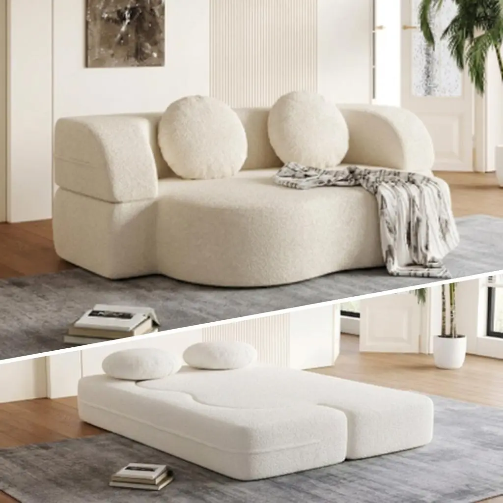 Walsunny Modern Convertible Corduroy Floor Sofa Bed with 2 Pillows, Foam-Filled 77in Twin Folding Mattress, Compact Furniture for Living Room Apartment Couch