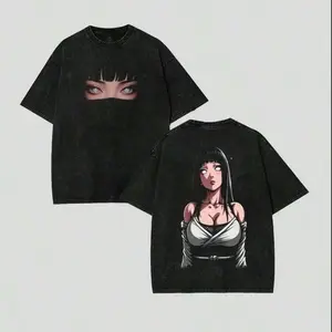 Naruto Hinata Hyuga Byakugan Front & Back Print T-Shirt, Vintage Washed Black Oversized Anime Streetwear Top, Retro Hyuga Clan Ninja Tee for Men Women, Naruto Fan Gift & Anime Apparel