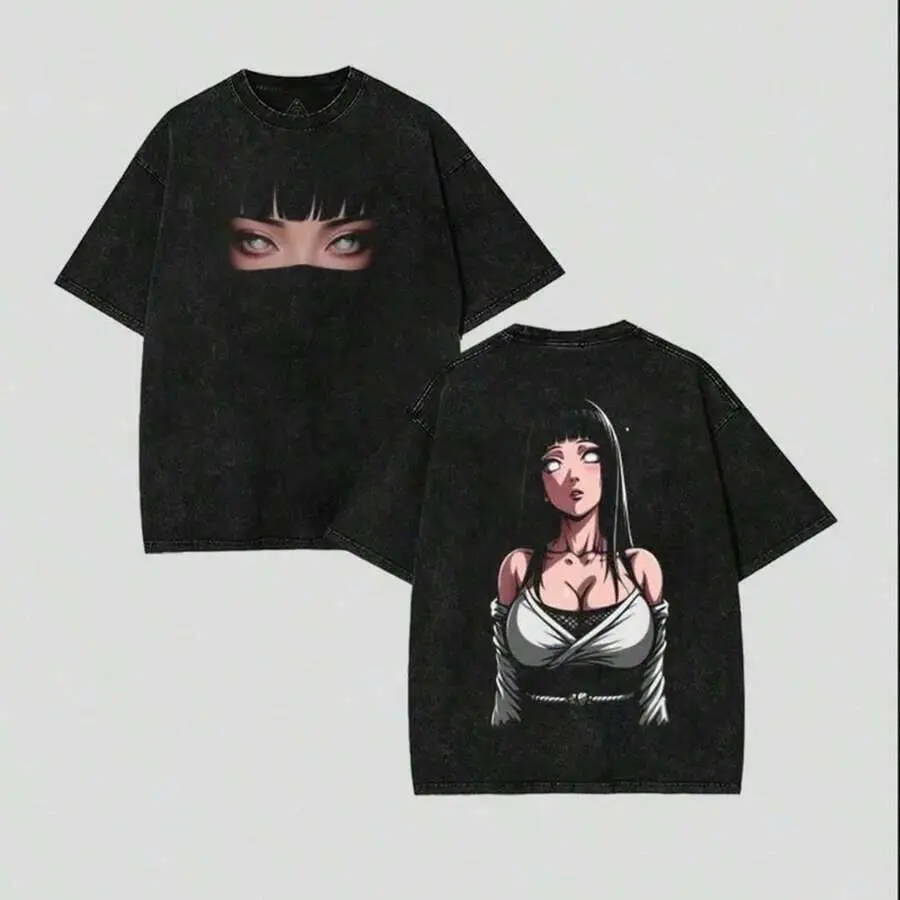 Naruto Hinata Hyuga Byakugan Front & Back Print T-Shirt, Vintage Washed Black Oversized Anime Streetwear Top, Retro Hyuga Clan Ninja Tee for Men Women, Naruto Fan Gift & Anime Apparel