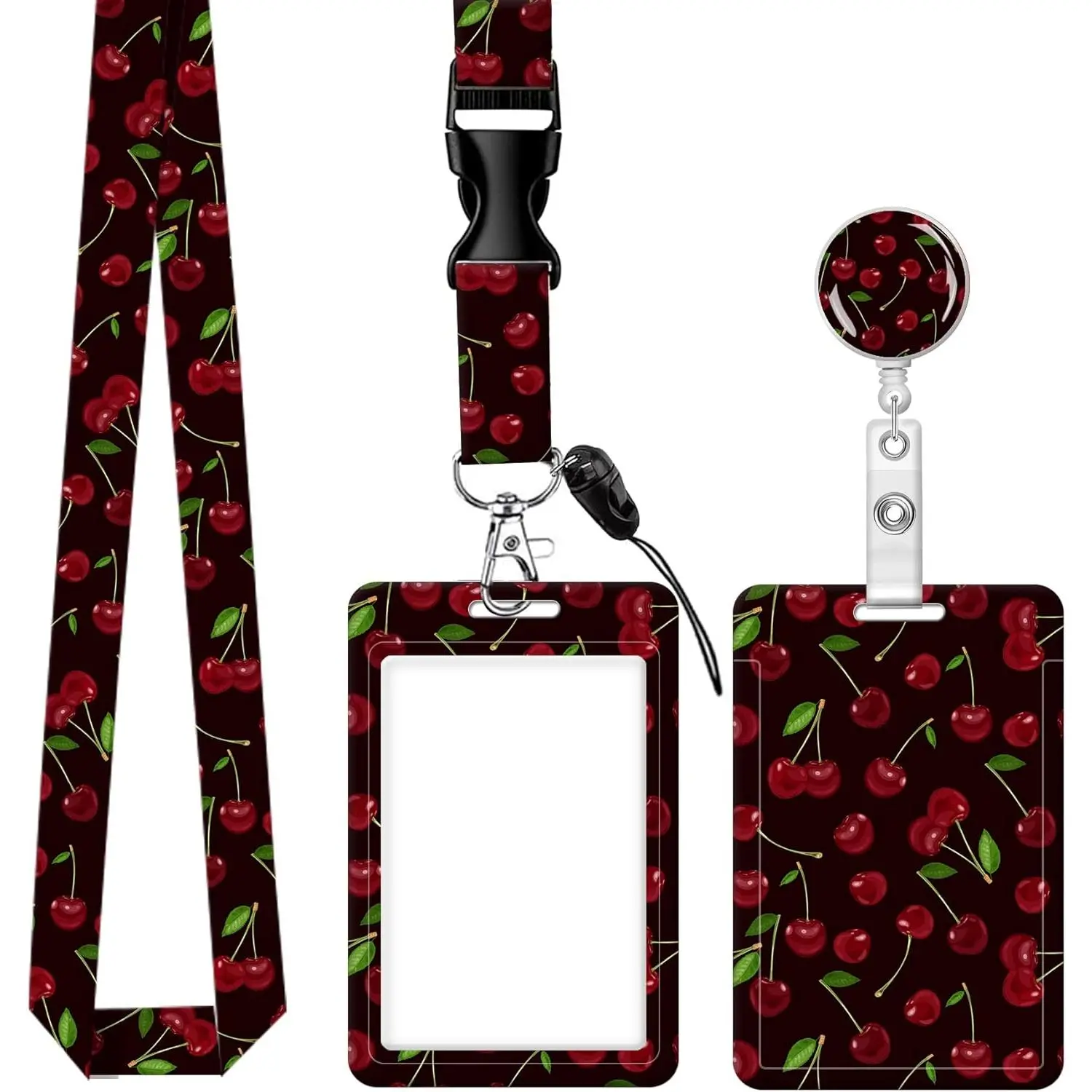 ID Badge Holder with Lanyard - Fashionable ID Card Holder - Soft Fiber Metal Clip - Retractable Lanyard - Work Nurse Teacher (Cute Cherry)