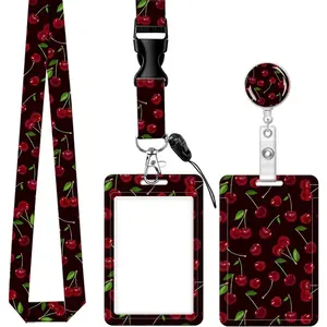 ID Badge Holder with Lanyard - Fashionable ID Card Holder - Soft Fiber Metal Clip - Retractable Lanyard - Work Nurse Teacher (Cute Cherry)