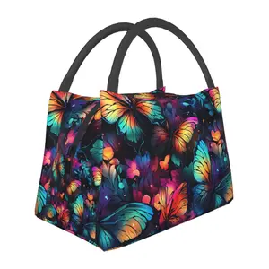 Lunch box, lunch bag, reusable portable insulation bag, insulation bag,butterfly pattern, suitable for outdoor camping, work, school, fitness