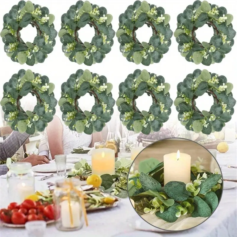 8pcs small simulation flower wreath candle ring, 25cm/9.84inch eucalyptus flower wreath, boxwood flower ring, dining table party decoration flowers wreath
