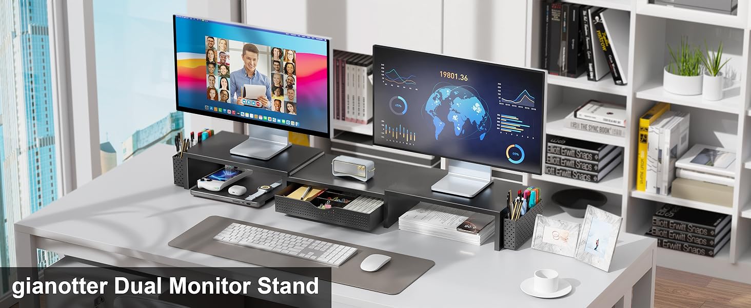 Dual Monitor Stand Riser, Desk Organizer With Drawer and 2 Pen Holders, Computer Monitor Stand, Shelf for Top of Desk, Black