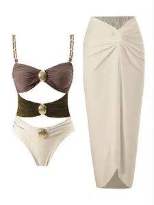 Women's Cut Out Ruched One-piece Swimsuit & Knot Side Cover Up Skirt Set, Sleeveless Swim Top & Cover Up Skirt, Ladies Swimsuit for Beach Holiday Vacation