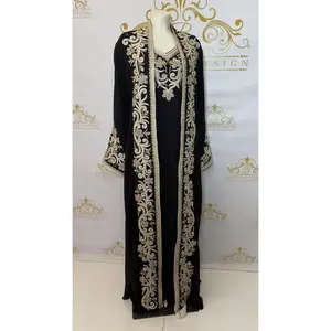 Kaftan Abaya Floral Design 3 Pcs. Silver & Gold Embroidery & Beads