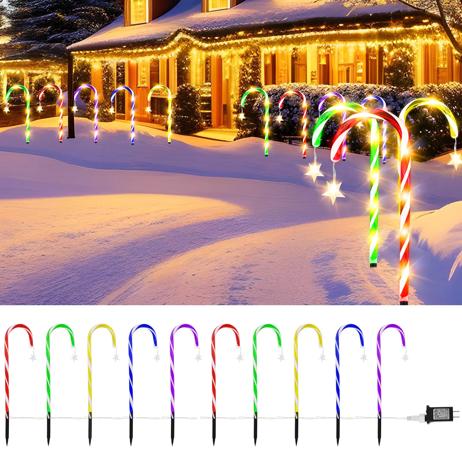 10 Pack Multicolor Christmas Pathway Stake Lights, 8 Lighting Modes, Waterproof Plug-in, Dual-Use Holiday Decor for Yard Ground & Indoor Hanging