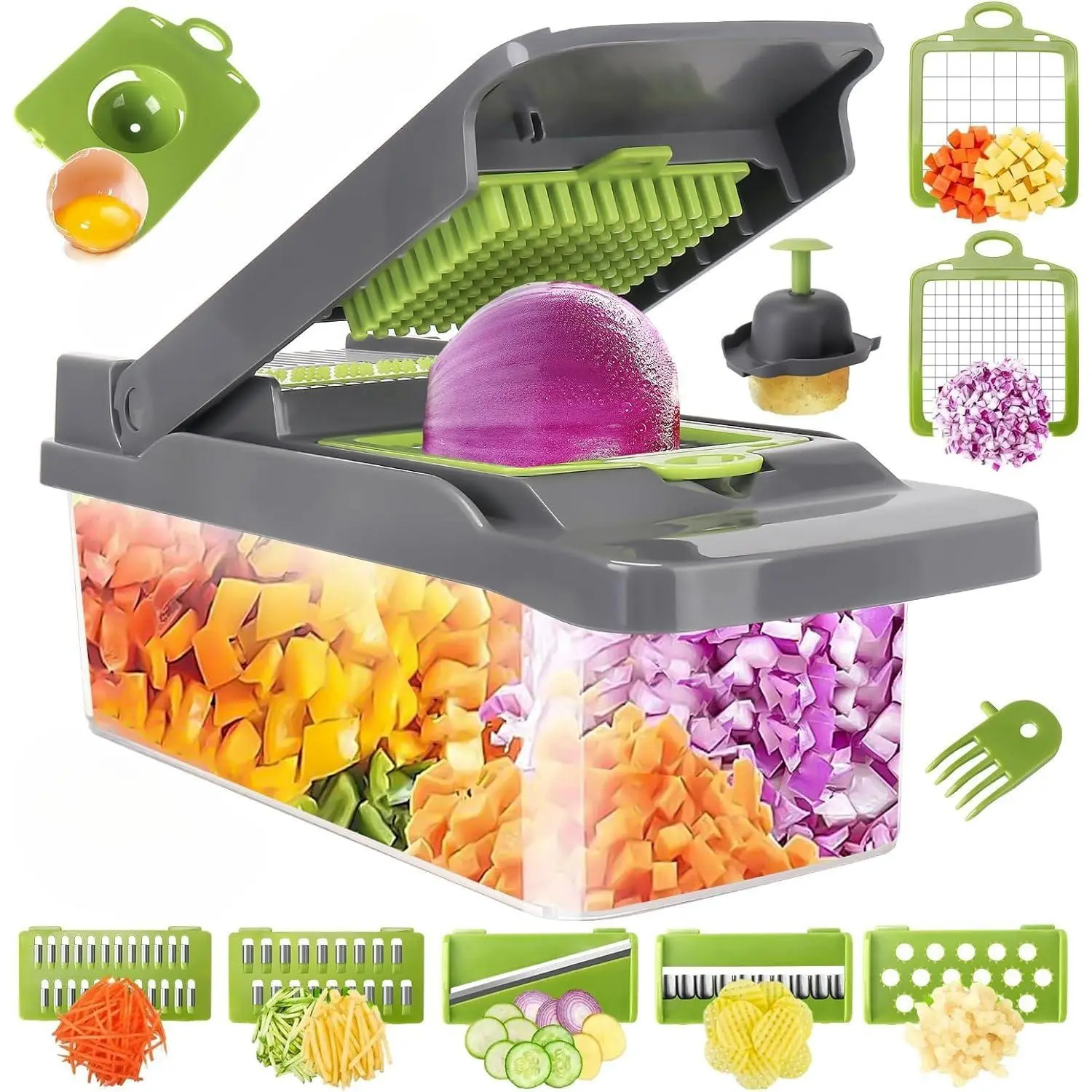 Mandoline Slicer Grater 14-in-1 Vegetable Chopper Multi-Blade Cutter & Garlic Slicer Kitchen Stainless Steel ABS Plastic Utensils with Shredding Cover & Hand Guard Grey-Green Thanksgiving tableware Value Pack TikTokShopBlackFriday Christmas Gift