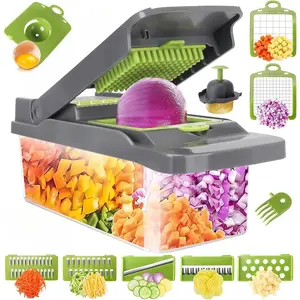 Mandoline Slicer Grater 14-in-1 Vegetable Chopper Multi-Blade Cutter & Garlic Slicer Kitchen Stainless Steel ABS Plastic Utensils with Shredding Cover & Hand Guard Grey-Green Thanksgiving tableware Value Pack TikTokShopBlackFriday Christmas Gift