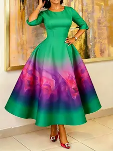 Women's Summer Fashion Elegant Gradient Long Dress, Slim-Fitting Half Sleeve Print Dress, Perfect for Parties and Events
