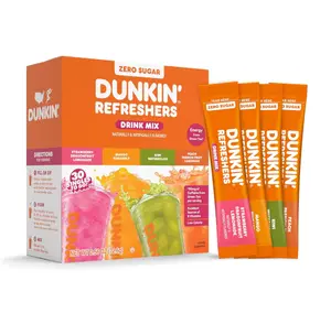 Dunkin’ Refreshers Singles To Go! Powdered drink mix packets, 30 Ct Variety Pack, 30 Single serve Packets per Box (30 servings), Energy from Green Tea, aspartame-free, no synthetic colors, naturally and artificially flavored, just add water