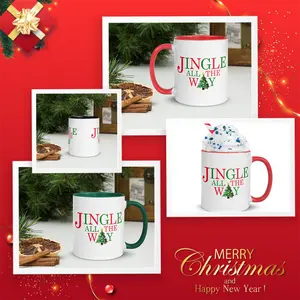 Jingle All The Way Mug with Color Handle & Interior by MojiOG - Christmas Holiday Coffee Cup - Gift for Teachers, Coaches, Parents, Grandparents, Principles, Aunts, Uncles etc. - Cup for Mushroom Coffee, Hot Tea, Cocoa, Mudwtr, Golden Milk, Mulled Wine...