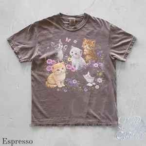 Cute Kitten Graphic T-Shirt, Vintage Cat Lover Tee, Comfort Colors Washed Shirts, Retro Floral Kitty Top, Aesthetic Cottagecore Gift, tiktok shop, viral tee