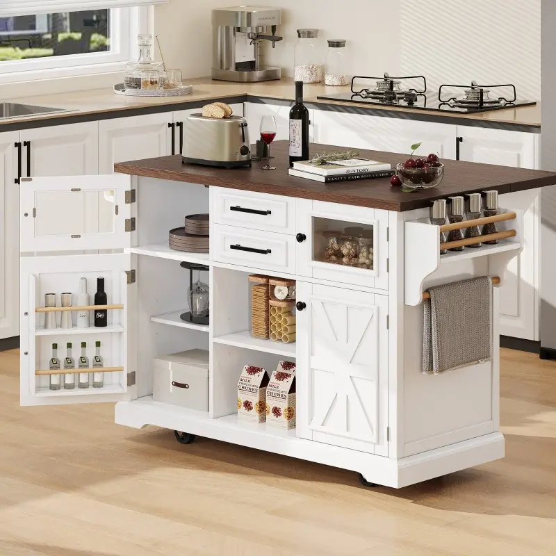 [SOIYELIFE] 54.9" Kitchen Island with Drop Leaf, Power Outlet, Kitchen Storage Cart with 4 Door Shelves, Cross Barn Doors & Visual Glass Door, Rolling Kitchen Island on 4 Wheels for Kitchen, Dining Room,White Fine furniture