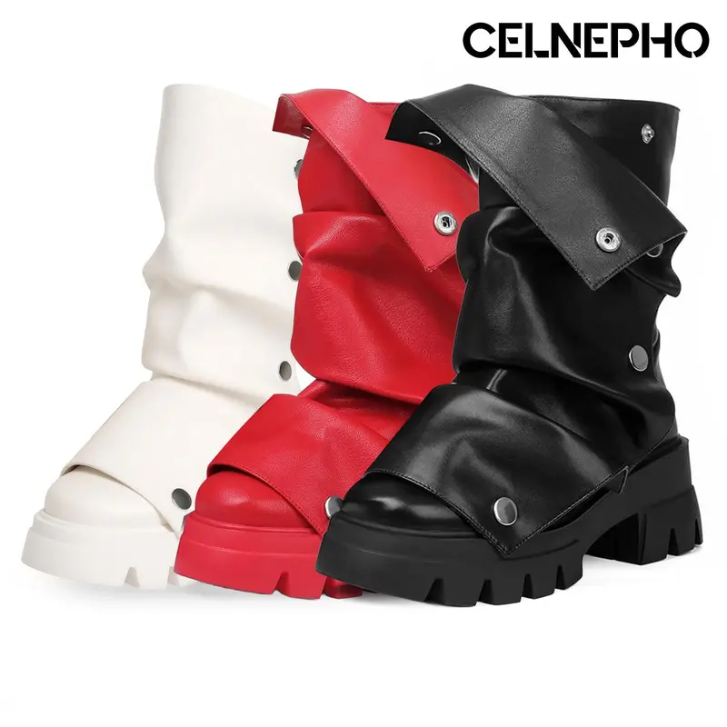 CELNEPHO Fold Over Slouchy Boots for Women Round Toe Chunky Heel Wide Calf Detachable Snap-off Panel Easy Pull on Comfy Fashion Mid Calf Boot for Casual Date Party Streetwear Trendy Fall Dress Shoes