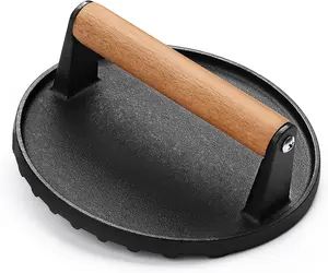 Burger Press, 7" Round Heavy-Duty Cast Iron Smash Bacon Press Meat Steak with Wood Handle for Griddle, Sandwich, Nonstick Pan Kitchen Utensils hamburger mold