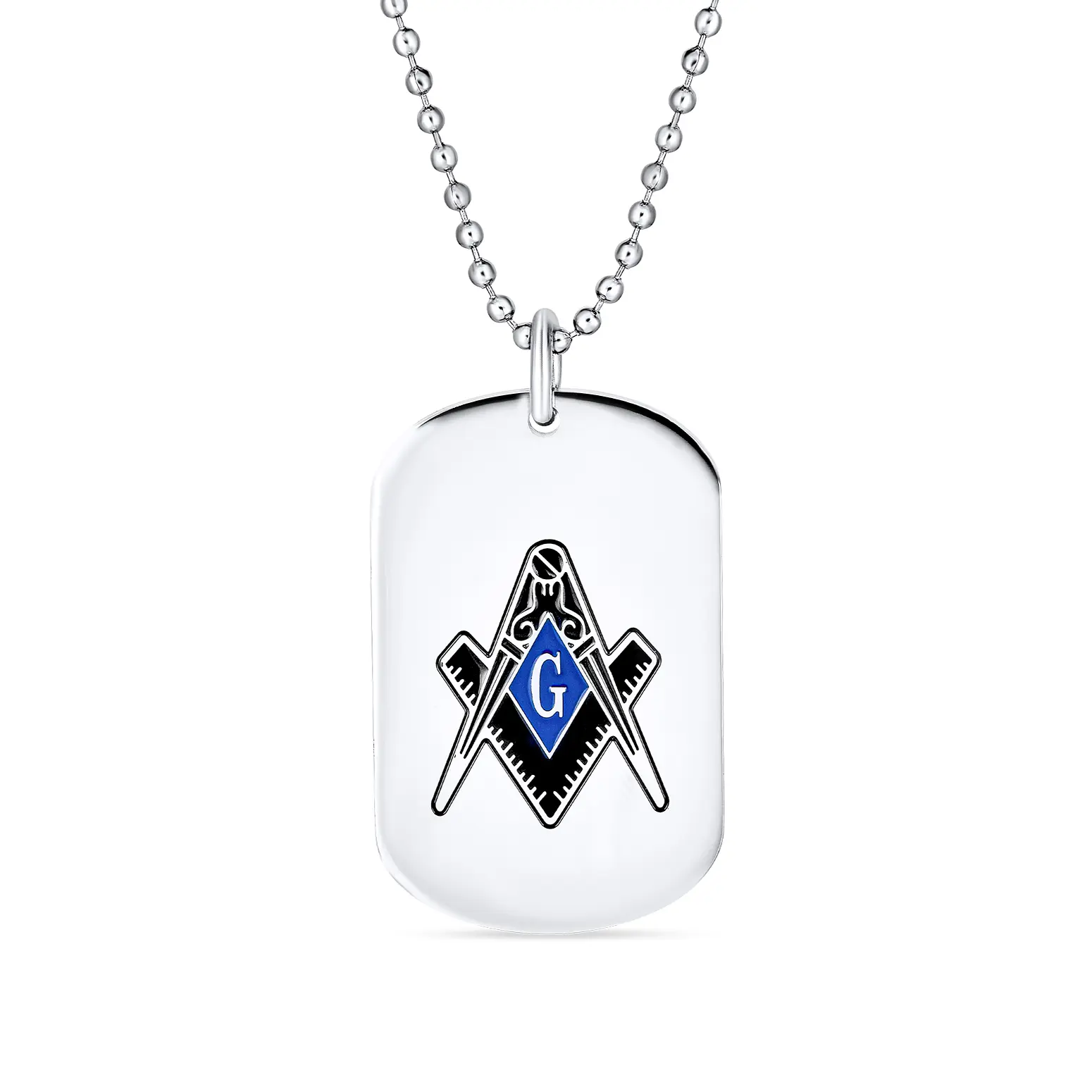 Men's Freemason Dog Tag Pendant Necklace Masonic Compass Black Blue Silver Tone Stainless Steel