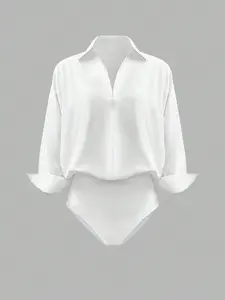 Casual Solid Color Lapel Fitted Jumpsuit, Women's Fashion One-Piece, Comfortable and Stylish, Perfect for Daily Wear