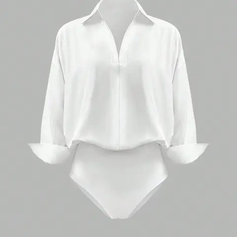 Casual Solid Color Collared Shirt Long Sleeve Bodysuit, Jumpsuit, Women's Fashion One-Piece, Comfortable, Elegant, Stylish and Chic Design, Perfect for Daily Wear