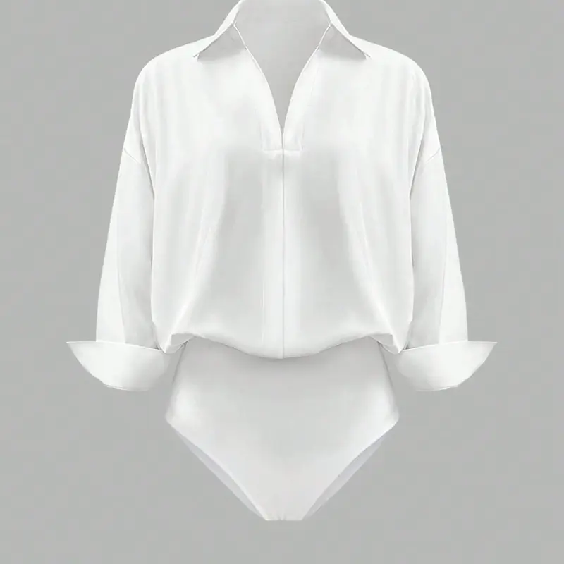 Casual Solid Color Collared Shirt Long Sleeve Bodysuit, Jumpsuit, Women's Fashion One-Piece, Comfortable, Elegant, Stylish and Chic Design, Perfect for Daily Wear