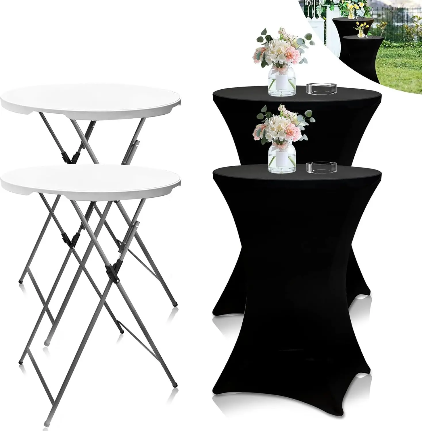 2Sets 32in Hightop Folding Cocktail Tables+Covers-Spandex Stretch Folding Tall Bar Table Covers, Detachable Legs Bar Height Folding Table Outdoor Indoor Use (Black/2 Tables+2 Covers)