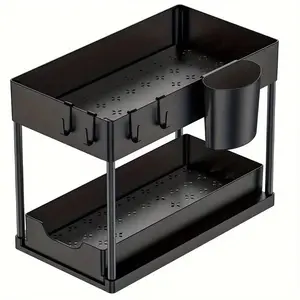 2-Tier Sliding Drawer Organizer - Heavy Duty Plastic Under Sink Storage Cabinet, Space-Saving Bathroom & Kitchen Organizer for Spices, Cosmetics, Toiletries - Black Countertop Storage Rack Bathroom Organizer Supplies