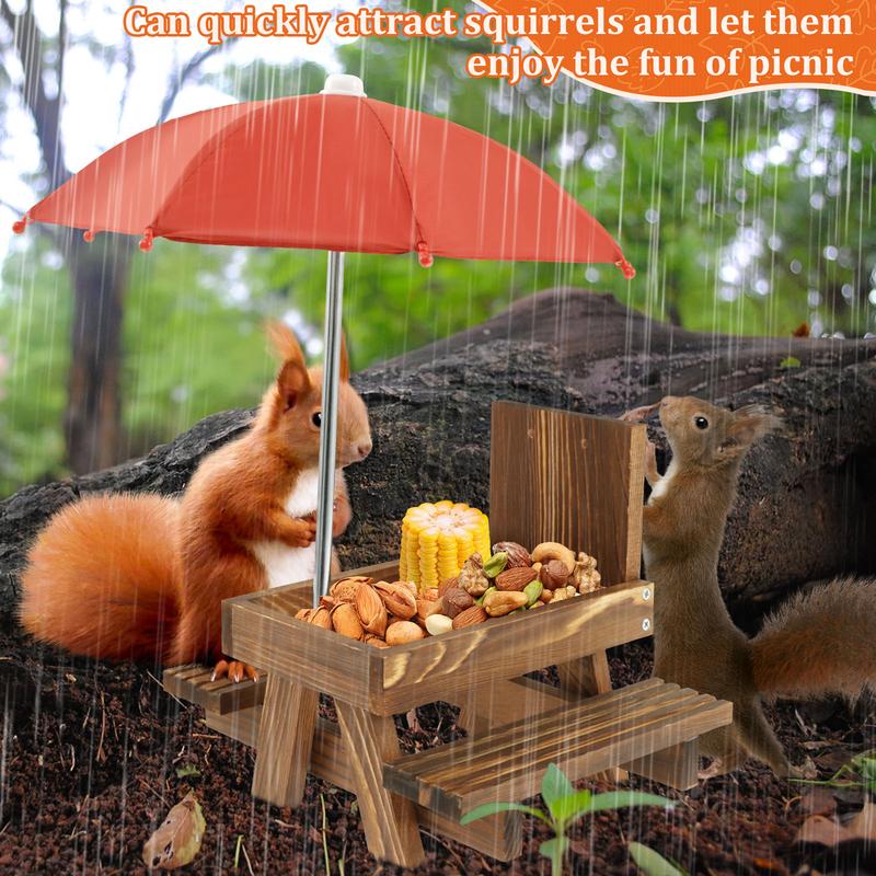 Wood Squirrel Feeder with Umbrella Sturdy Carbonized Wood Squrrill Feeder Table Squirrel Feeders with Corn Cob Holder Wooden Squirrel Feeder Table for Outside Chipmunk Feeder for Yard Porch
