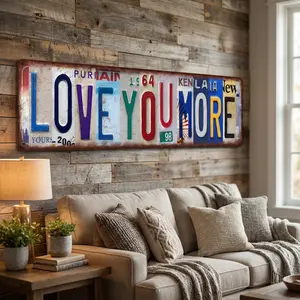 Love You More" & "Love You Bye" Rustic Metal Signs, Vintage License Plate Style Wall Art, Distressed Farmhouse Decor, Cute Family Quote Sign for Entryway & Bedroom
