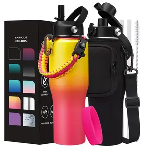 Insulated Water-Bottle fit in Car Cup-Holder - 32 40oz Leakproof Tumblers Water Cup with Straw Keep Cold 48H & Hot 24H, T-shape Stainless Steel Water Bottle Metal Flask w/ Paracord Handle, Carrier Bag