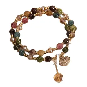 New Double Loop Colorful Tourmaline Bracelet for Women, INS Luxury Unique Design, Longevity Lock Charm Bangle, Perfect Gift for Best Friends