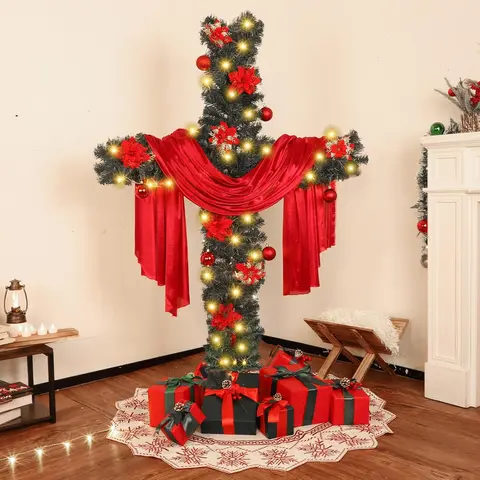 Justforjoyful 6ft Religious Christmas Cross Tree - Metal Frame, Silk Scarf, LED Lights, Poinsettias, Festive Religious Home Decoration for Room Christmas Decorating, Decorating For Christmas
