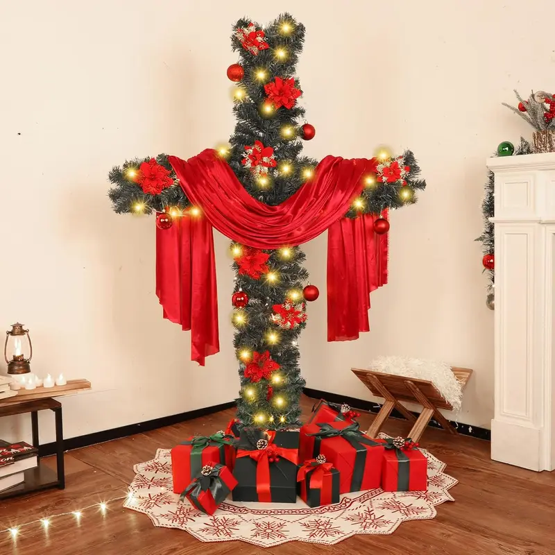 Justforjoyful 6ft Religious Christmas Cross Tree - Metal Frame, Silk Scarf, LED Lights, Poinsettias, Festive Religious Home Decoration for Room Christmas Decorating, Decorating For Christmas