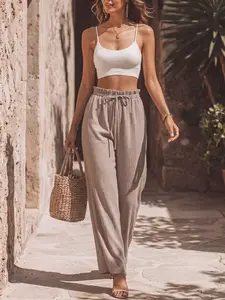 Women's Summer Linen Wide Leg Pants, High Waist Adjustable Drawstring Design, Breathable Slim Fit, Beach Vacation Casual Long Pants