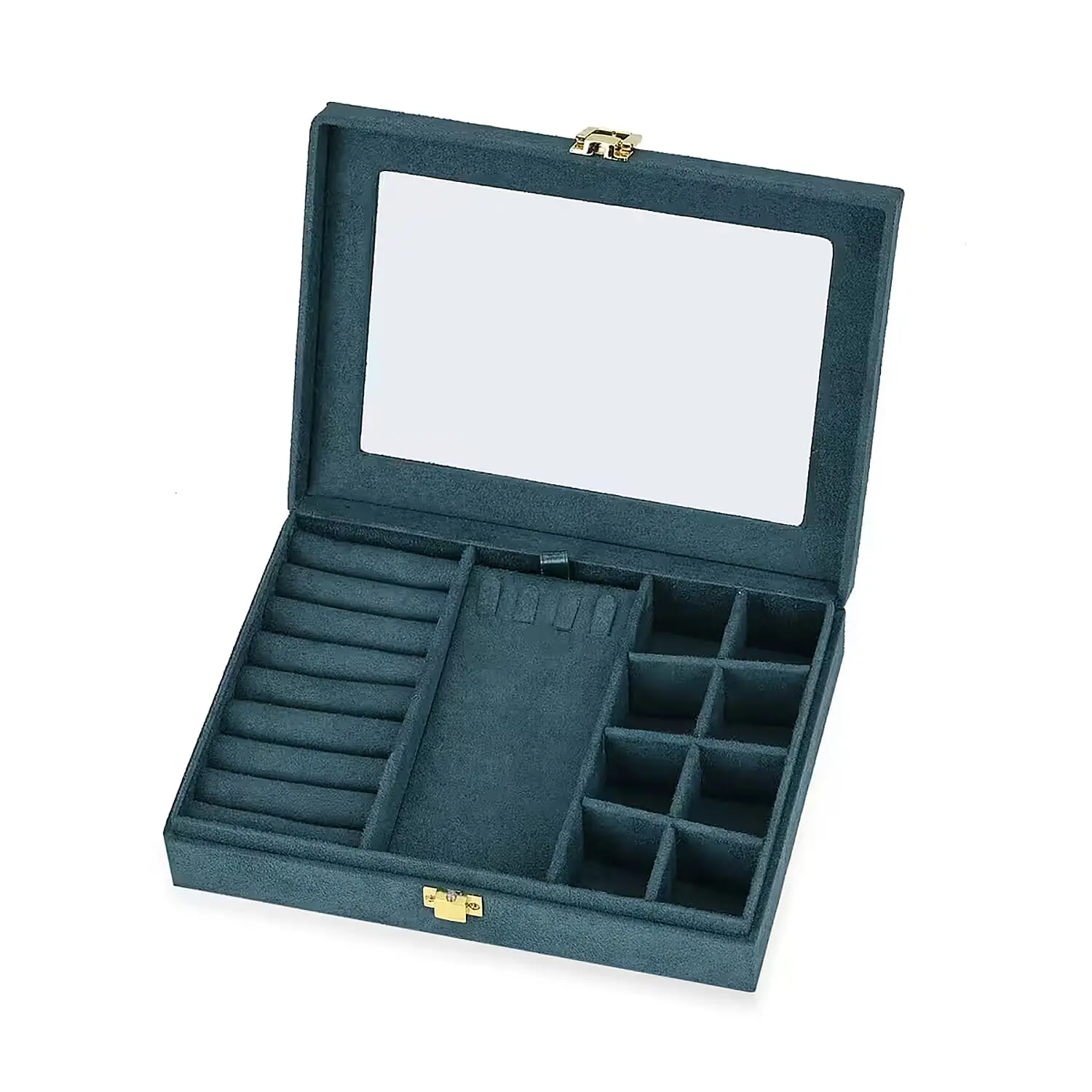 Oilve Green Velvet Jewellery Box (7.9"x5.9"x2") with Transparent Window (8 Ring Slots, 8 Small Sections, and A Removable Necklace Tray)