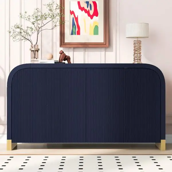 Bellemave Modern Storage Cabinet - 4-Door Pinstripe Black Indoor Sideboard, Designer-Inspired Dual Unit with Metal Handles, Metal Legs, Load-Bearing Adjustable Shelves, Apartment Organizer (Assembly Required), Sturdy
