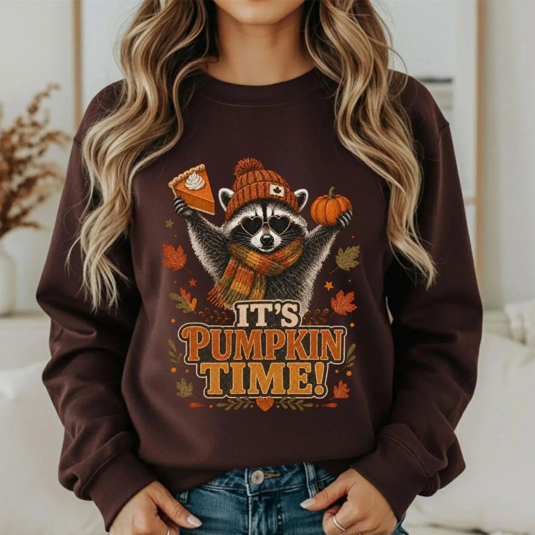 It's Pumpkin Time Sweatshirt, Funny Fall Raccoon Crewneck Sweatshirt, Cute Trash Panda Pumpkin Pie Thanksgiving Sweater, Cozy Autumn Season Apparel, Aesthetic Wildlife Animal Lover Gift for Women and Men, Warm Cozy Spooky Season Pullover Top