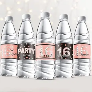 39 Pieces Sweet  16th Birthday Water Bottle Wrappers Sweet Sixteen Water Bottle Labels Waterproof Water Bottle Stickers Wrappers for Sweet 16 Birthday Party Decoration (Pink)