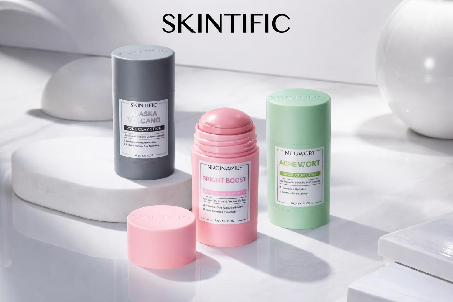 SKINTIFIC Clay Stick 2PCS Combo – Mugwort Clarifying / Volcano Detox / Bright Boost Even Tone Deep Pore Cleansing Oil Control Non-Stripping