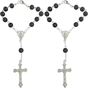 Black Car Rosary 2PCS Rear View Mirror Pendant Medal Cross Hanging Decor for Women Men car rearview mirror pendant
