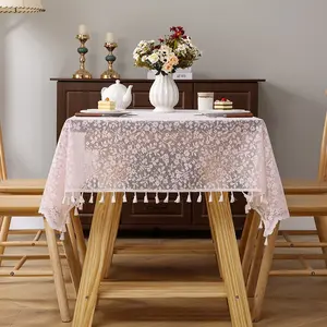 Lace Edge Tablecloth, Home Decorative Table Topper, Lace Cutout Design, Fringe Trimmed Table Set, Perfect for Festive Occasions