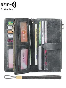Ladies' foldable long PU leather wallet, Trifold wallet, Durable fashion wallet, Stylish wallet, with RFID anti-blocking feature, double zipper compartment design, multiple card slots and coin section, large capacity, comes with a detachable wrist strap