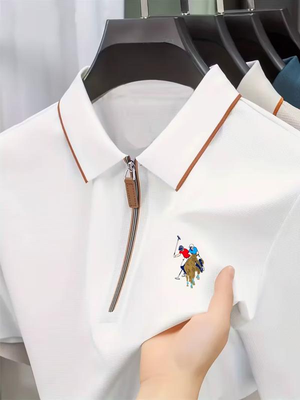 New Casual Printed Zip Short Sleeve Polo Shirt, Comfortable Fabric with Stylish Logo, Ideal for Golf, Fishing, Beach Vacations and Camping